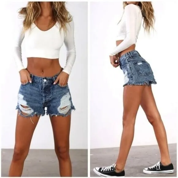 REVICE high waisted shorts Malibu cut off Distressed frayed hem 25