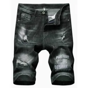 Ripped Letter Print Casual Denim Shorts - Dark Slate Grey 32