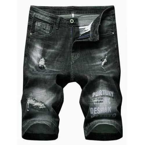 Ripped Letter Print Casual Denim Shorts - Dark Slate Grey 32