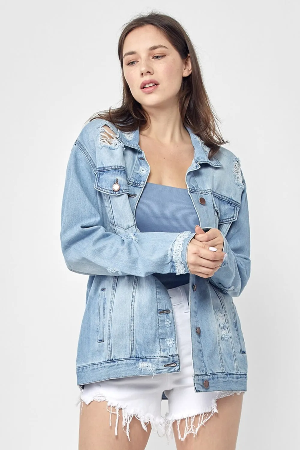 RISEN Distressed Long Sleeve Denim Jacket