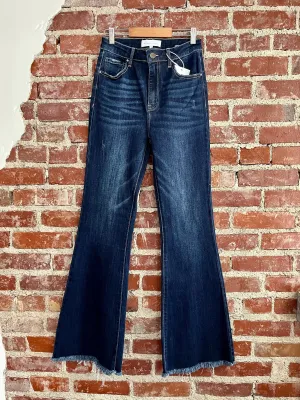 Risen High Rise Vintage Frayed Hem Flare Jeans Dark