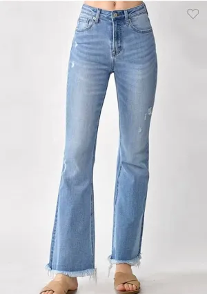 Risen High Rise Vintage Frayed Hem Flare Jeans- RTS