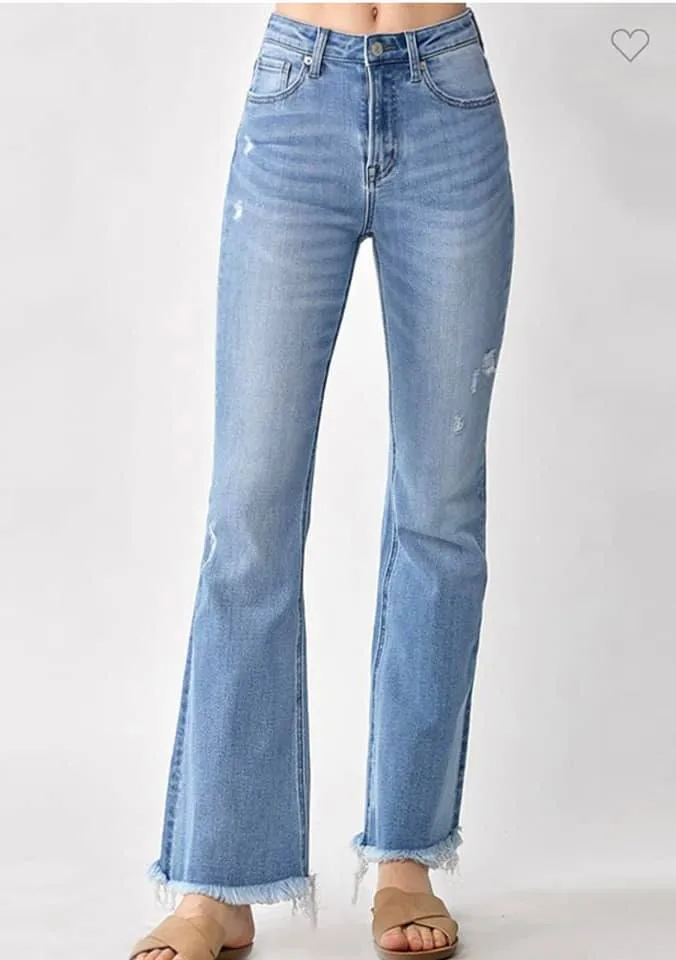 Risen High Rise Vintage Frayed Hem Flare Jeans- RTS