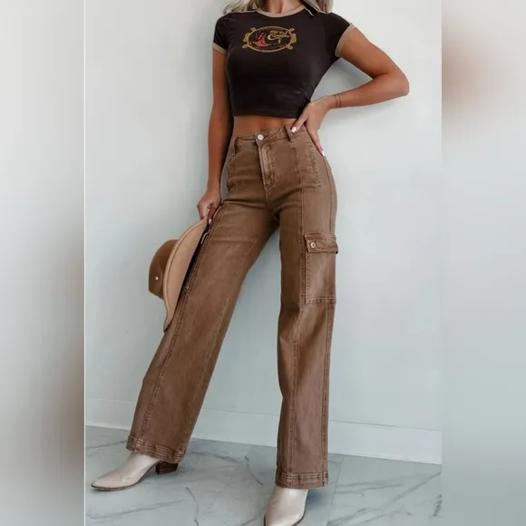 RISEN High Rise Wide Leg Cargo Jeans Wine Retro Vintage Style Regular Plus NEW