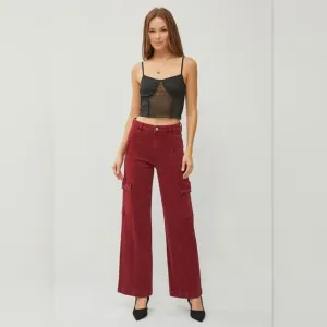 RISEN High Rise Wide Leg Cargo Jeans Wine Retro Vintage Style Regular Plus NEW