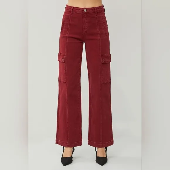 RISEN High Rise Wide Leg Cargo Jeans Wine Retro Vintage Style Regular Plus NEW