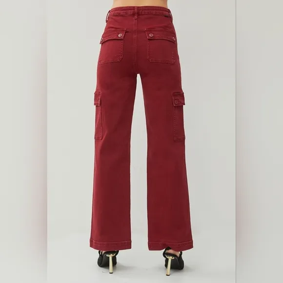 RISEN High Rise Wide Leg Cargo Jeans Wine Retro Vintage Style Regular Plus NEW