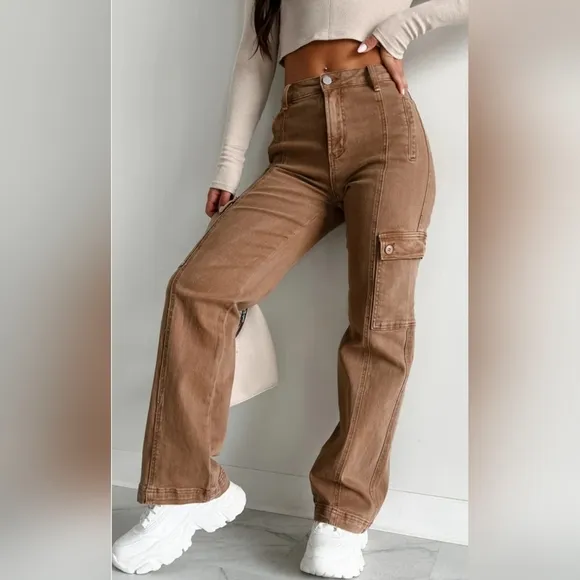 RISEN High Rise Wide Leg Cargo Jeans Wine Retro Vintage Style Regular Plus NEW