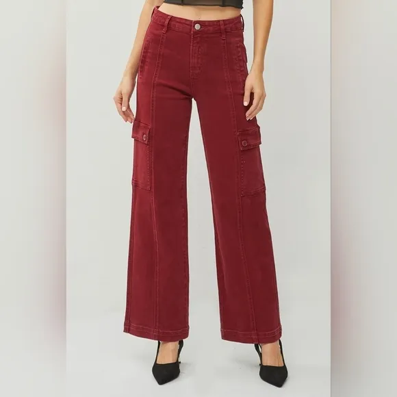 RISEN High Rise Wide Leg Cargo Jeans Wine Retro Vintage Style Regular Plus NEW