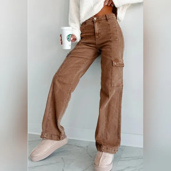 RISEN High Rise Wide Leg Cargo Jeans Wine Retro Vintage Style Regular Plus NEW