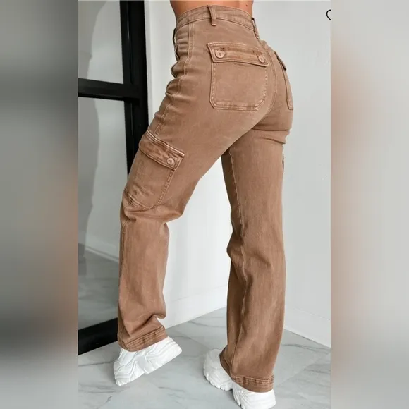RISEN High Rise Wide Leg Cargo Jeans Wine Retro Vintage Style Regular Plus NEW