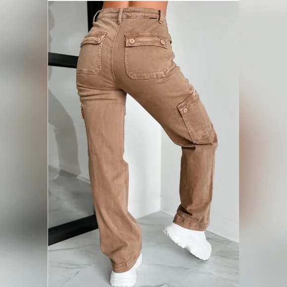RISEN High Rise Wide Leg Cargo Jeans Wine Retro Vintage Style Regular Plus NEW