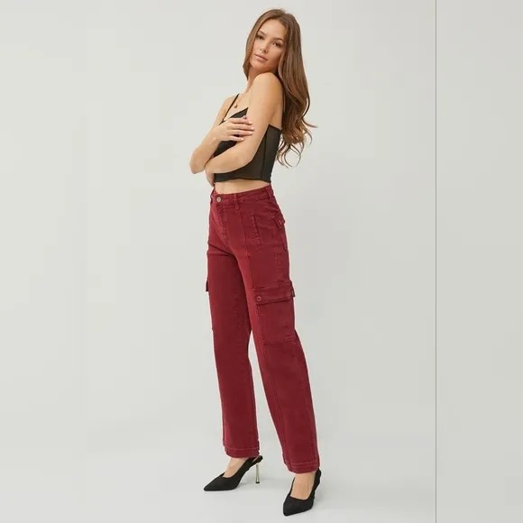 RISEN High Rise Wide Leg Cargo Jeans Wine Retro Vintage Style Regular Plus NEW