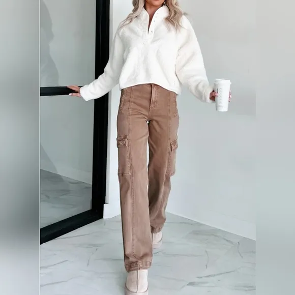 RISEN High Rise Wide Leg Cargo Jeans Wine Retro Vintage Style Regular Plus NEW