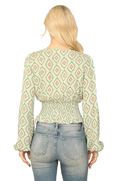 Sage V Neck Long Sleeve Smocked Ruffle Waist Printed Top - Pack of 6