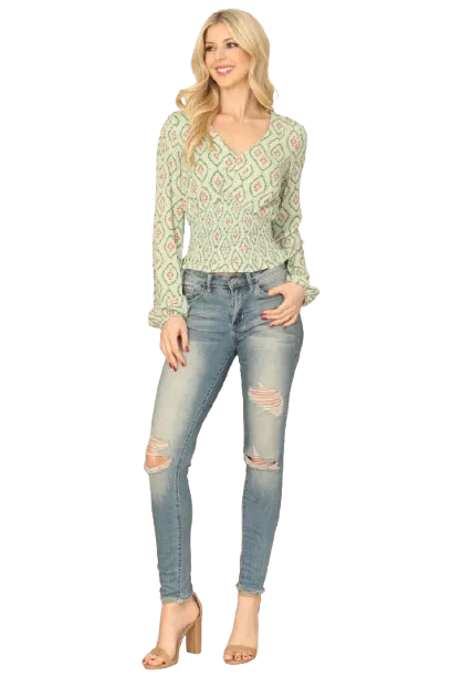 Sage V Neck Long Sleeve Smocked Ruffle Waist Printed Top - Pack of 6