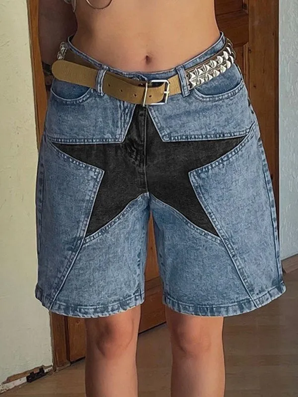 Schmale Denim Shorts mit fünfzackigem Stern