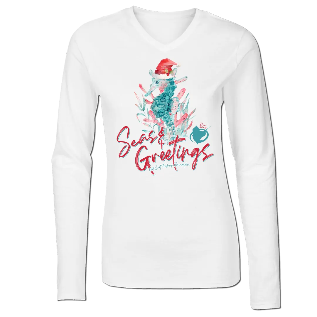Seasons Greetings - Ladies Long Sleeve, Cotton, V-neck Shirt
