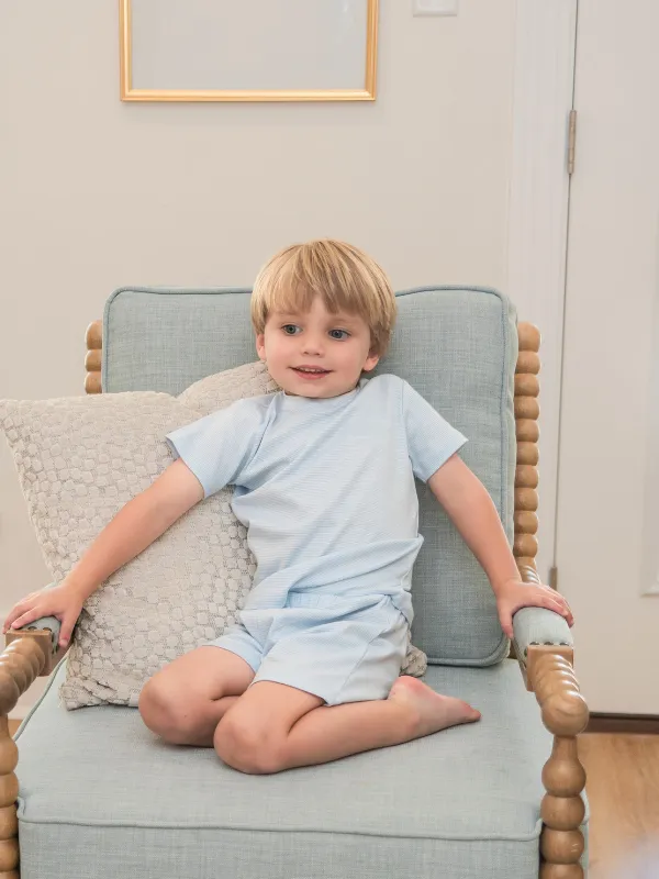 Short Sleeve Pima Short Set | Lt Blue Mini Stripe