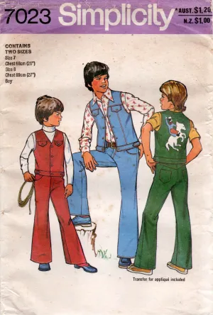 Simplicity 7023 Boys Cowboy Vest & Bell Bottom Pants 1970s Vintage Sewing Pattern Size 7 & 8 UNCUT Factory Folded