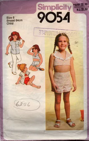 Simplicity 9054 Girls Shirt Halter Midriff Top Pants & Shorts 1970s Vintage sewing Pattern Size 6