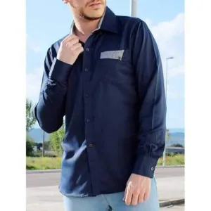 Slimming Turn-Down Collar Splicing Design Long Sleeve Shirt For Men - Cadetblue M