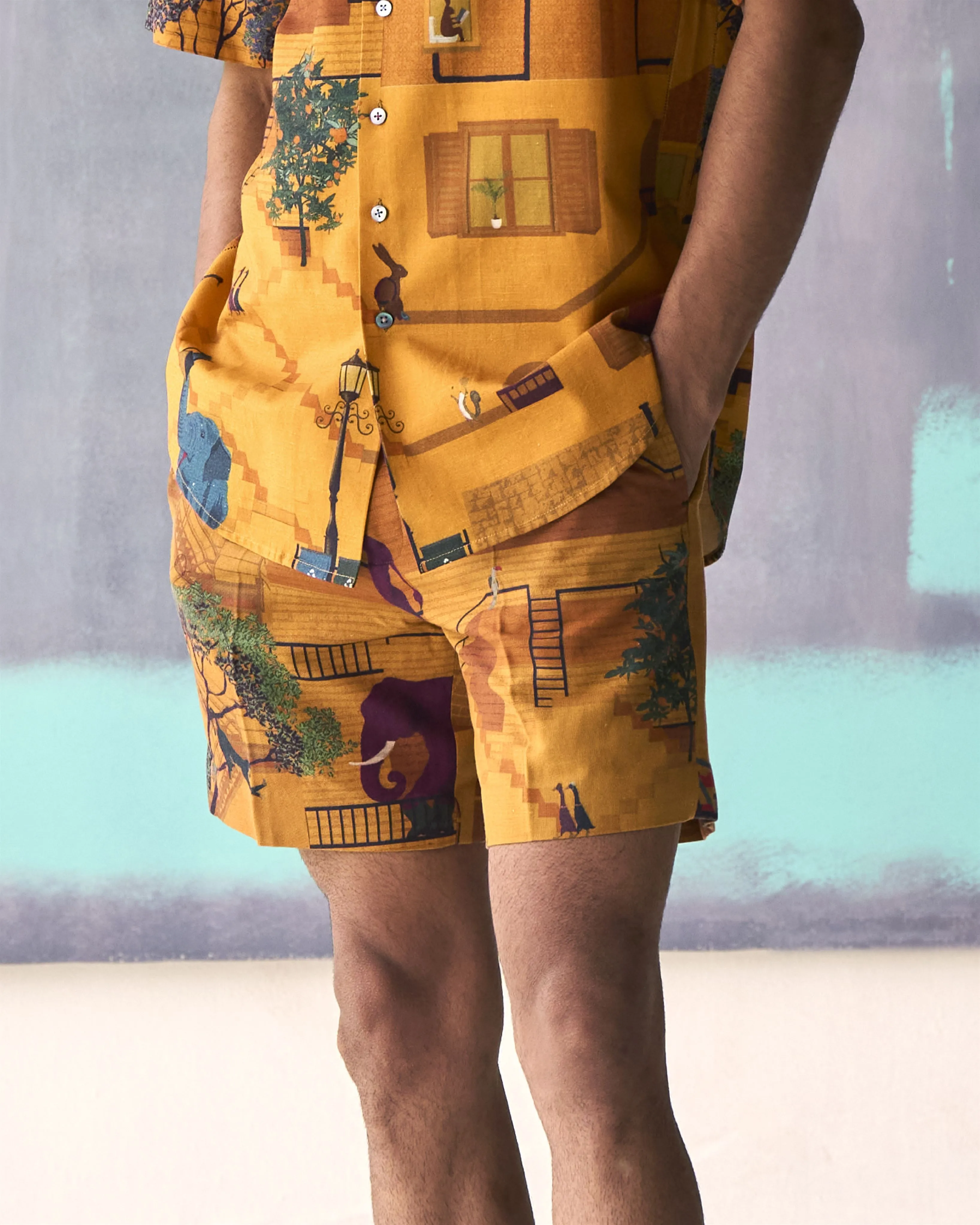 Summer Shorts Short Animal Linen Mustard P114LI390 SuketDhir