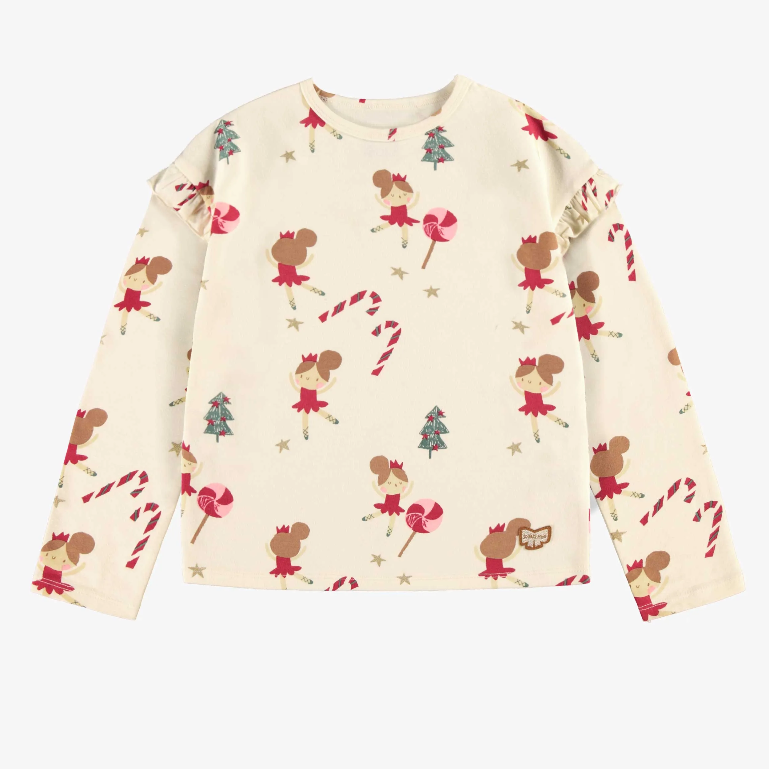 T-shirt crème à motifs de ballerines en jersey extensible, enfant || Cream t-shirt with ballerina all over print in stretch jersey, child