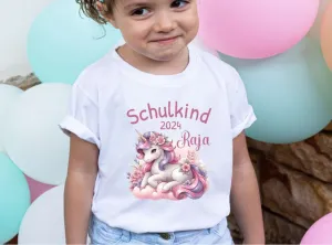 T-Shirt Schulkind Einhorn mit Name personalisiert Mädchen Einschulungsshirt Einschulung erste Klasse Geschenk