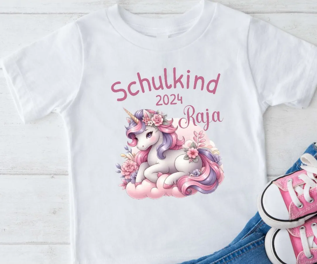 T-Shirt Schulkind Einhorn mit Name personalisiert Mädchen Einschulungsshirt Einschulung erste Klasse Geschenk