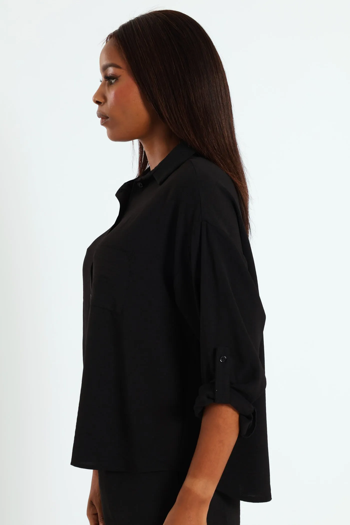 Tab & Button Detail Long Sleeve Relaxed Shirt - Black