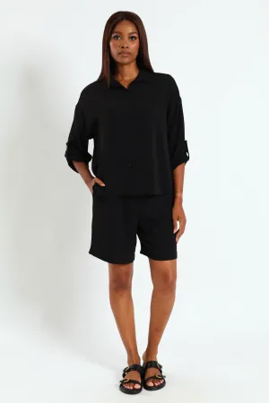 Tab & Button Detail Long Sleeve Relaxed Shirt - Black