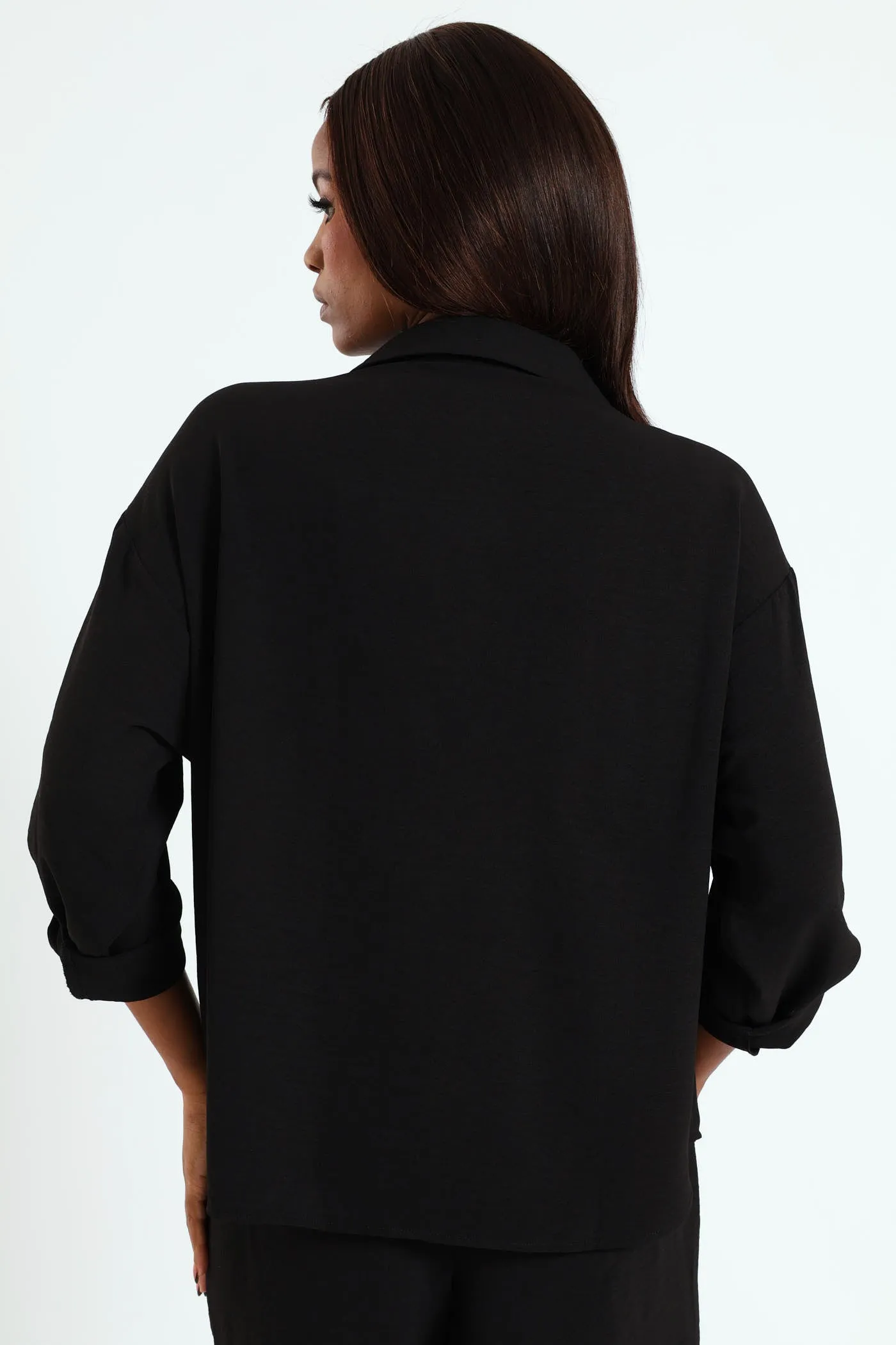 Tab & Button Detail Long Sleeve Relaxed Shirt - Black
