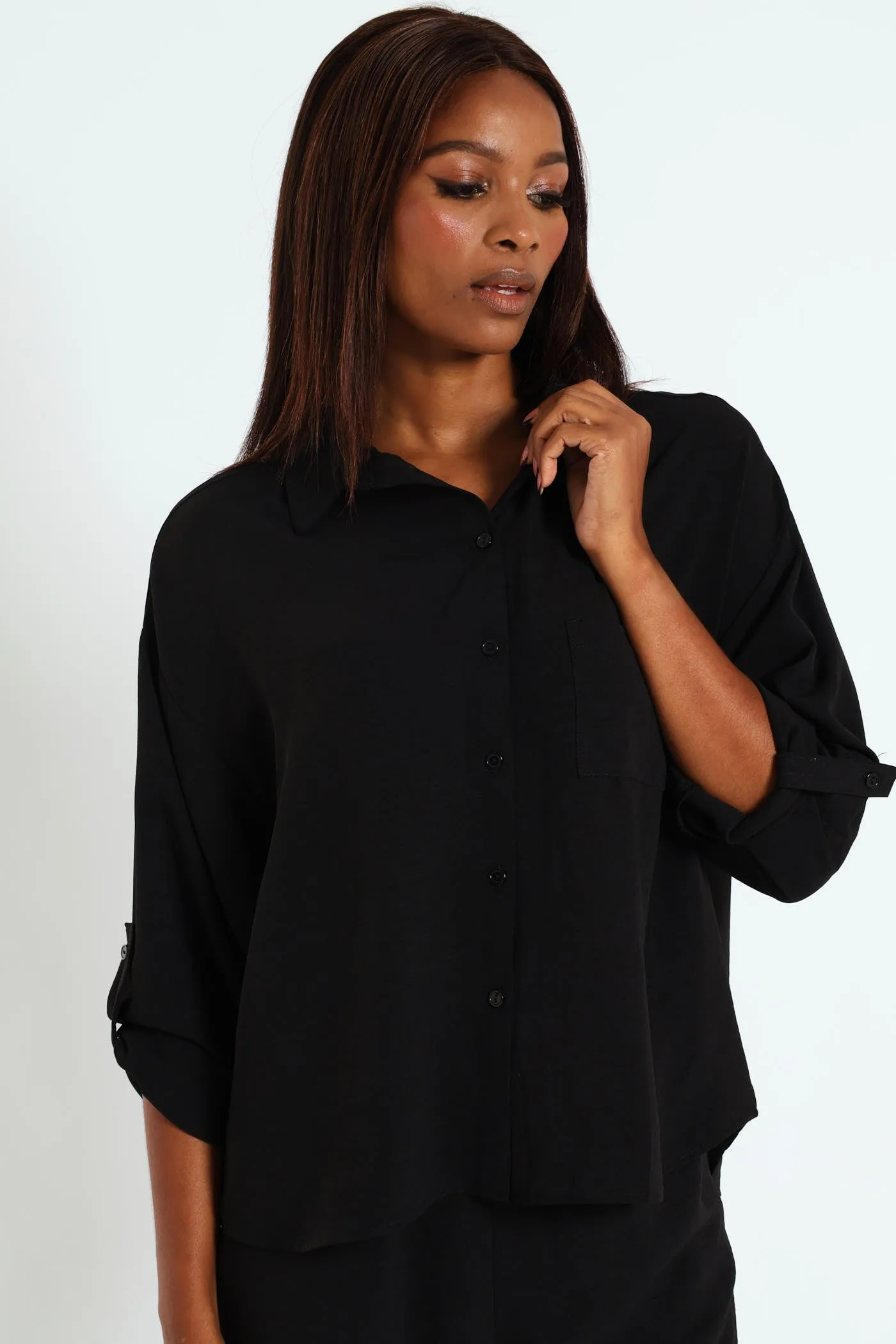 Tab & Button Detail Long Sleeve Relaxed Shirt - Black