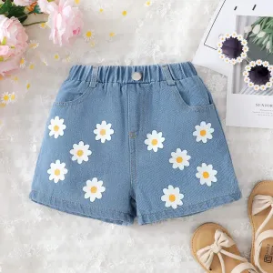 Toddler Girl Fashion Daisy Denim Shorts Elastic Waistband Shorts for Baby Girl Summer Fashion Clothing Wear Versatile