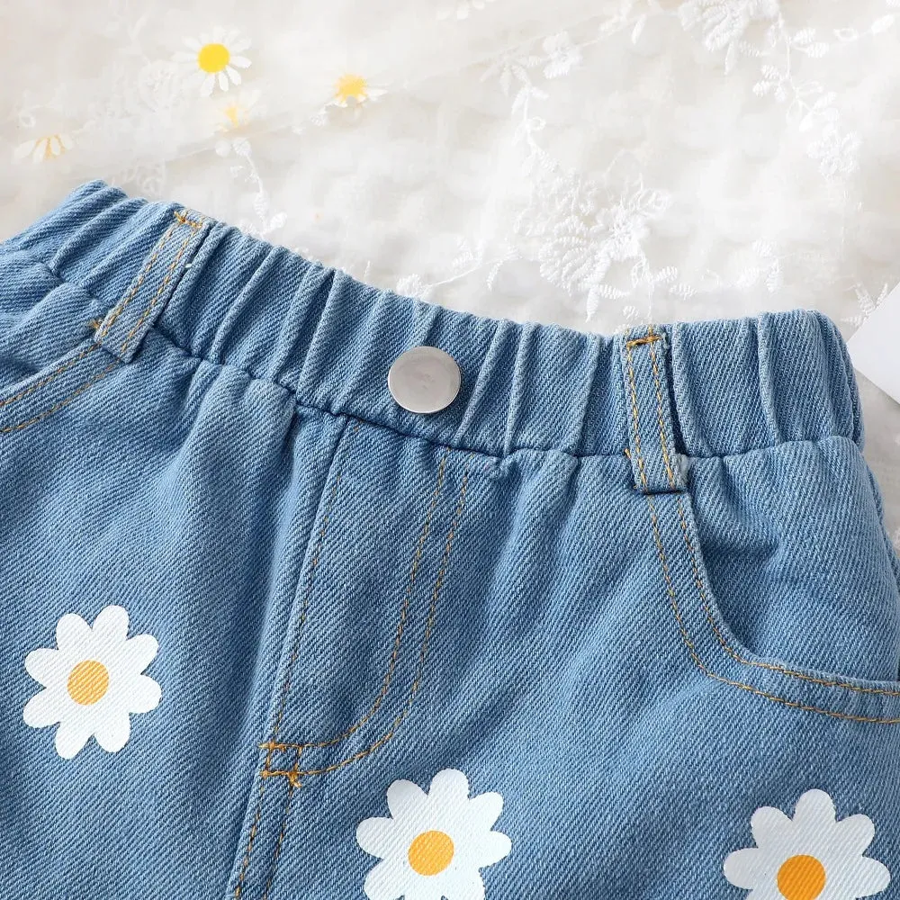 Toddler Girl Fashion Daisy Denim Shorts Elastic Waistband Shorts for Baby Girl Summer Fashion Clothing Wear Versatile