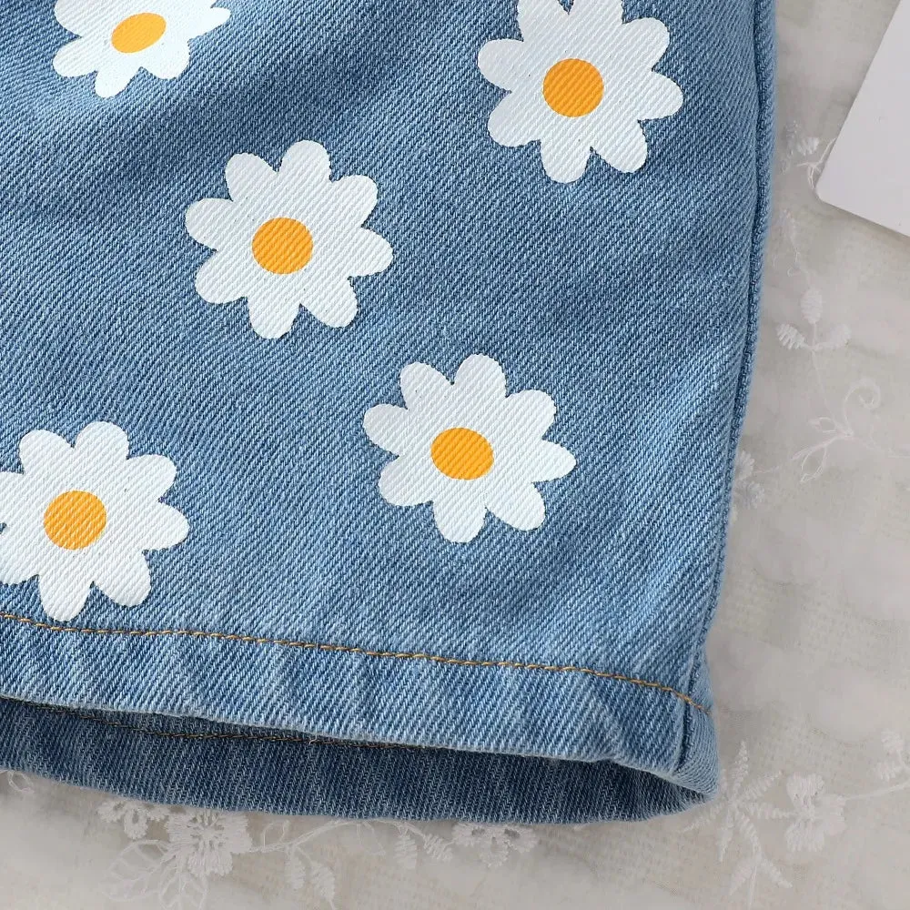 Toddler Girl Fashion Daisy Denim Shorts Elastic Waistband Shorts for Baby Girl Summer Fashion Clothing Wear Versatile