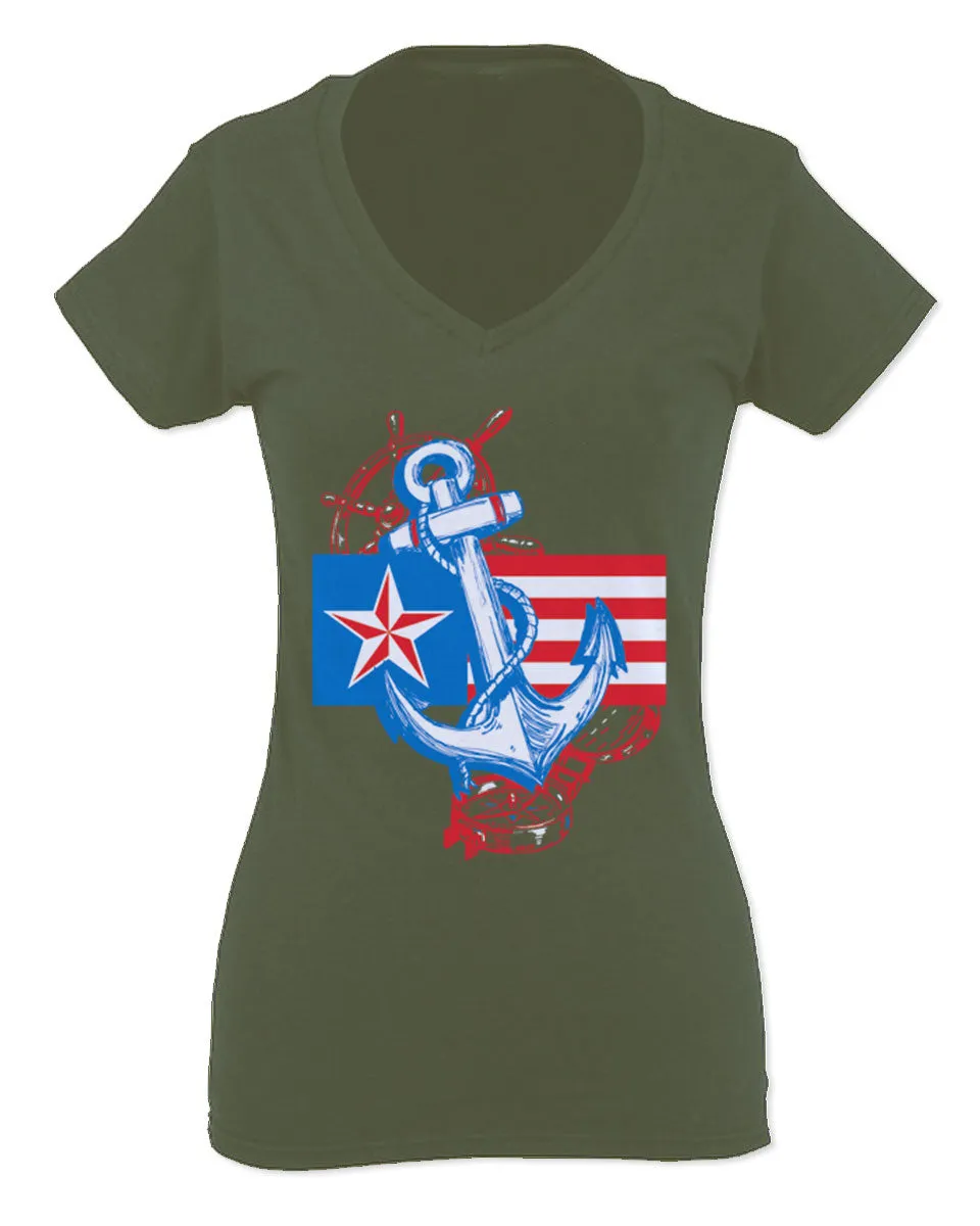 USA American Anchor Sea Marine US Navy Sailor Seals For Women V neck fitted T Shirt