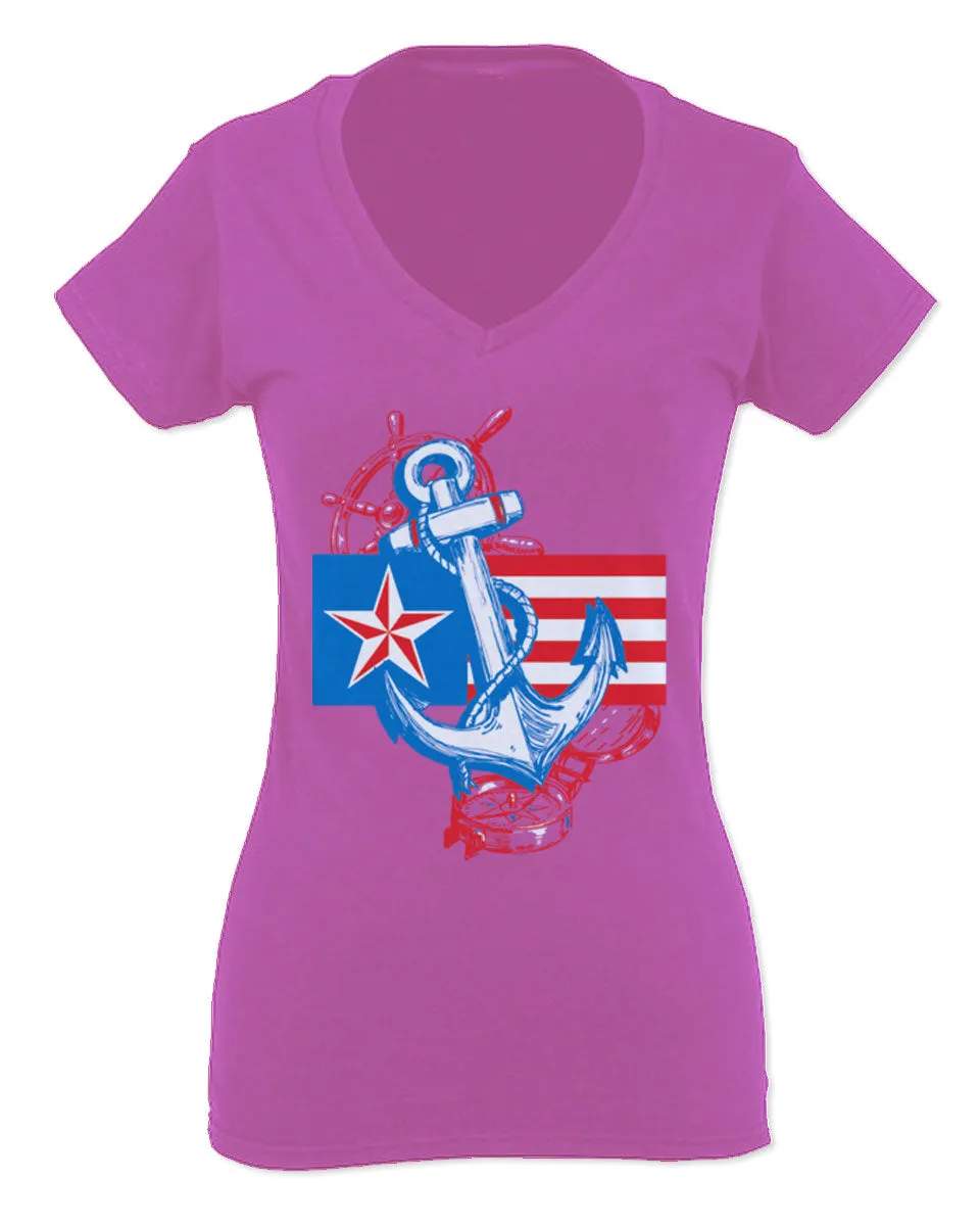 USA American Anchor Sea Marine US Navy Sailor Seals For Women V neck fitted T Shirt