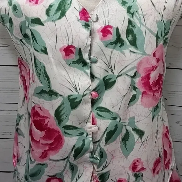 Vintage 80's Satin Rose Women's Pajama Set Small