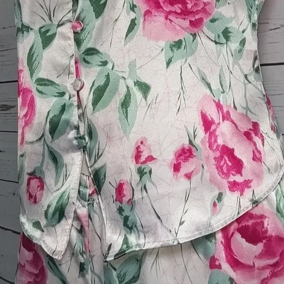 Vintage 80's Satin Rose Women's Pajama Set Small