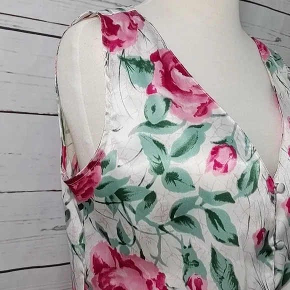 Vintage 80's Satin Rose Women's Pajama Set Small