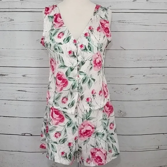 Vintage 80's Satin Rose Women's Pajama Set Small