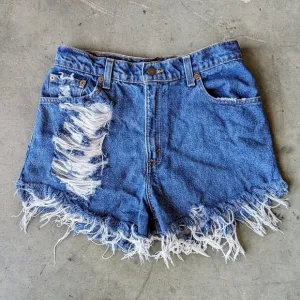 Vintage Levi's 550 High Rise Blue Distressed Denim Cut-Off Jean Shorts