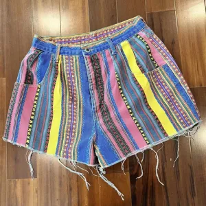 Vintage Paris Sport Club Denim Shorts Jean Multi Striped High Waisted Size 9/10