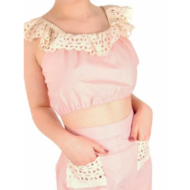 Vintage Pink Cotton 2 Piece Shorts & Midriff Top Pin Up Set 1940s 40-28-41