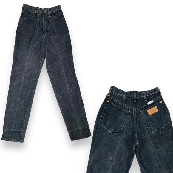 Vintage Wrangler Womens High Waist Black Denim Leather Patch Mom Jeans 5 / 25&quot;