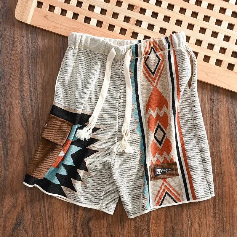 VintageAthletic Herren Sommer Geometrische Strick-Shorts mit Sportlicher Stickerei