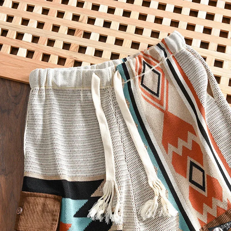 VintageAthletic Herren Sommer Geometrische Strick-Shorts mit Sportlicher Stickerei