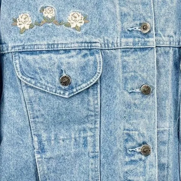 VTG Point Zero Womens XL Jeans Denim Jacket Embroidered Floral Trucker Boho